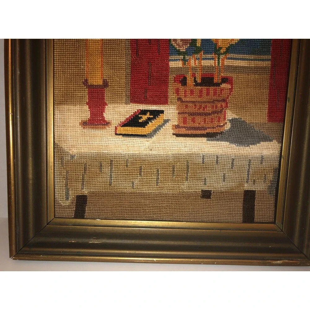 VTG 60s 70s STILL LIFE Bible Flowers Table Candle Christian Cross Stitch Framed